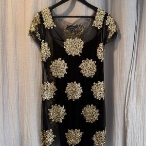 Gryphon New York Womens Black Mesh Sequin Floral Mini Dress Gold Silver Large